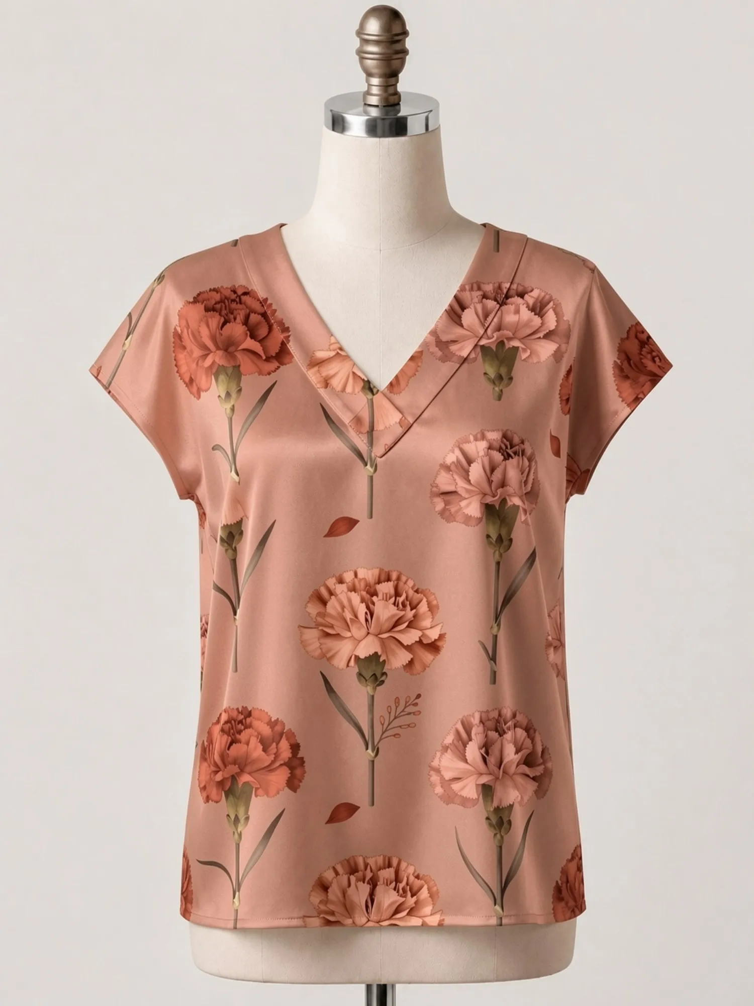 Floral Satin V Neck Top for Women Cap Sleeve Flowy Draped Fit Silky Modern Casual Daily Wear Lightweight Breathable Refined Chic