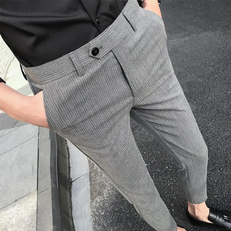 Office Male Suit Trousers Elastic Stretch Work Slim Fit Tressed Slacks Men's Summer Pants Striped Korean Style Clothes New in Up