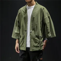 Plus Size 4XL 5XL Kimono Cardigan Retro Traditional Japanese Samurai Clothing Chinese Style Cotton Linen Haori Yukata Streetwear