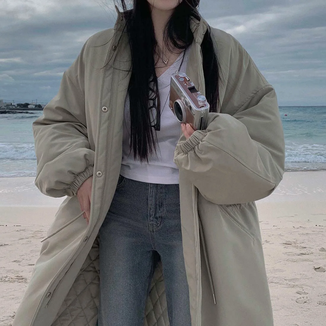 Cappotto Parka in cotone Thiened Colletto alla coreana retrò da donna Vestibilità ampia Vita con coulisse Capispalla in cotone Jaet Primavera Autunno Inverno