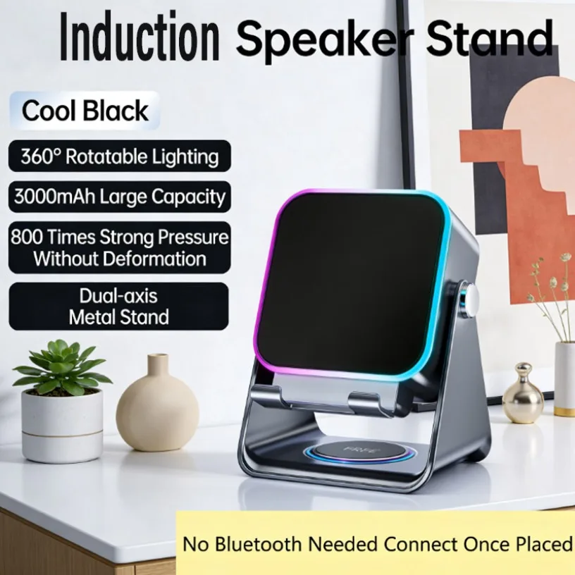 Caixa de Som Bluetooth 5.3 Sem Fio com Indução Automática 5 em 1, Som HIFI, Suporte para Telefone Portátil com Luzes RGB