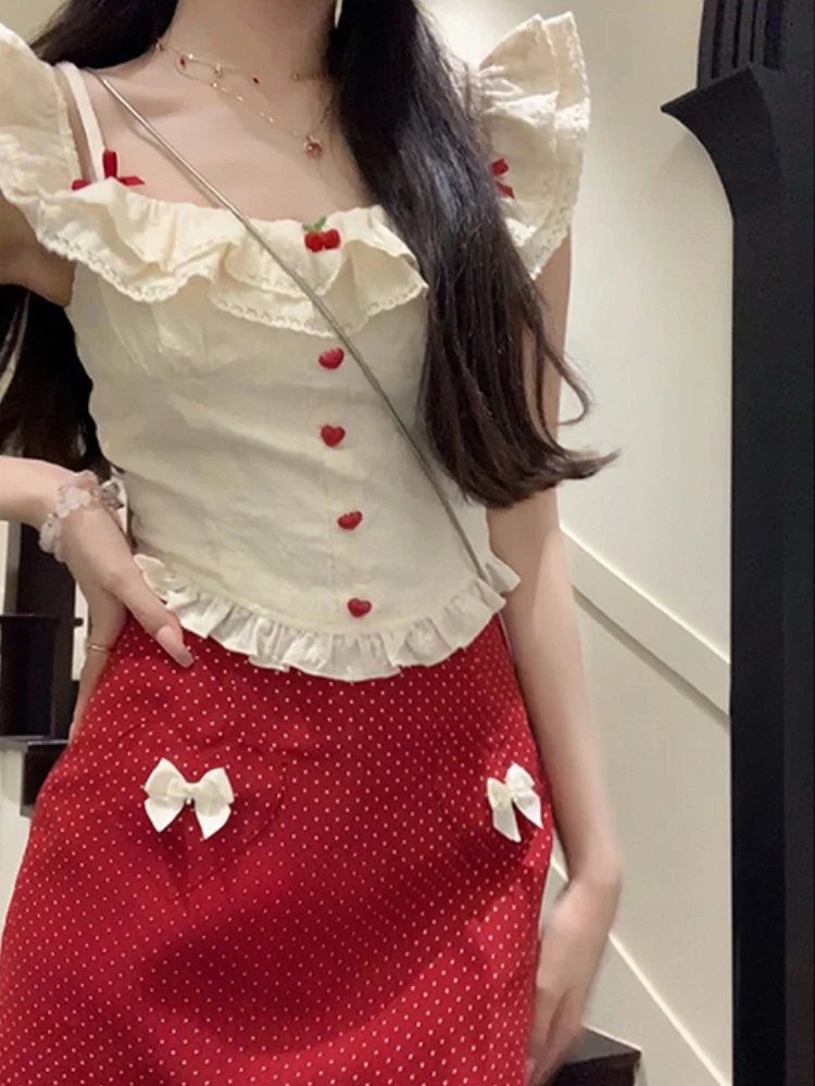 Conjunto de 2 piezas de camisola de encaje y minifalda con lazo para mujer, traje de verano de los años 2024 coreano, vacaciones, Gyaru, bonito núcleo, cumpleaños, 2000