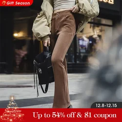 Maden Women's Autumn Winter American Vintage Split Elastic Micro Flare Pants Corduroy Straight Leg Wide Leg Pants