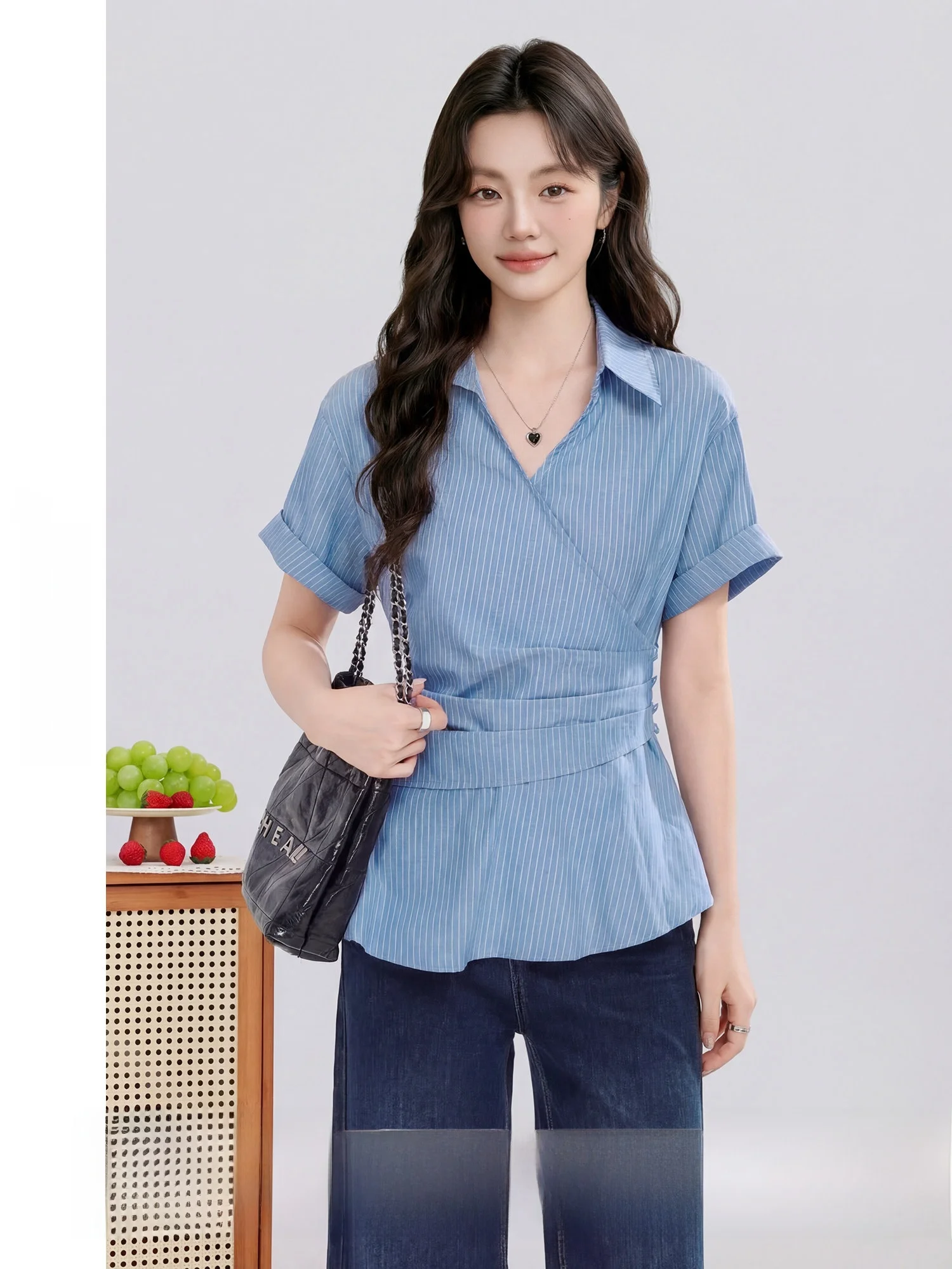 

Blue Girl Korean Style Uneven Design Summer New Waist-Cinching Striped Half Sleeve Shirt High Waist Korean Fashion Women's Shirt