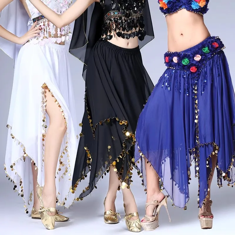 

Women Dance Wear Indian Dance Carnival Skirts Belly Dance Petal Skirt with Sequin Trim Gold Coins Classic Chiffon Skirt