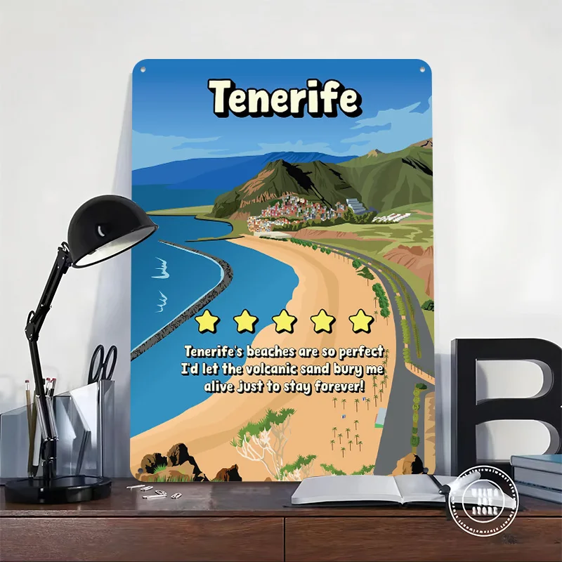 Tenerife Funny Minimal Review Travel Poster Retro 3D Printed Metal Signs Customized Wall Hanging Gift for Home Decor Items Art