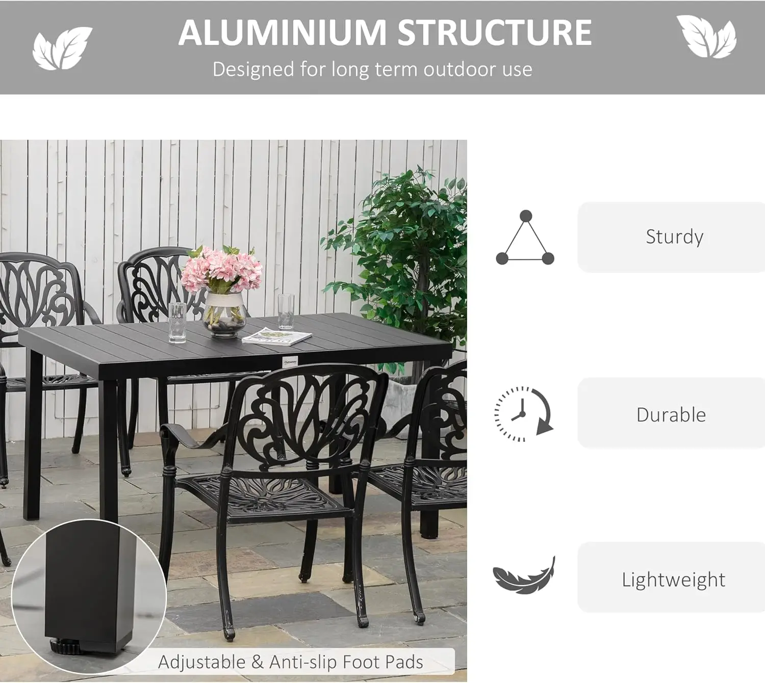 Table for 6 Person, Rectangular Patio Table, Aluminum Metal Legs for Garden, Lawn, Patio, Woodgrain Black