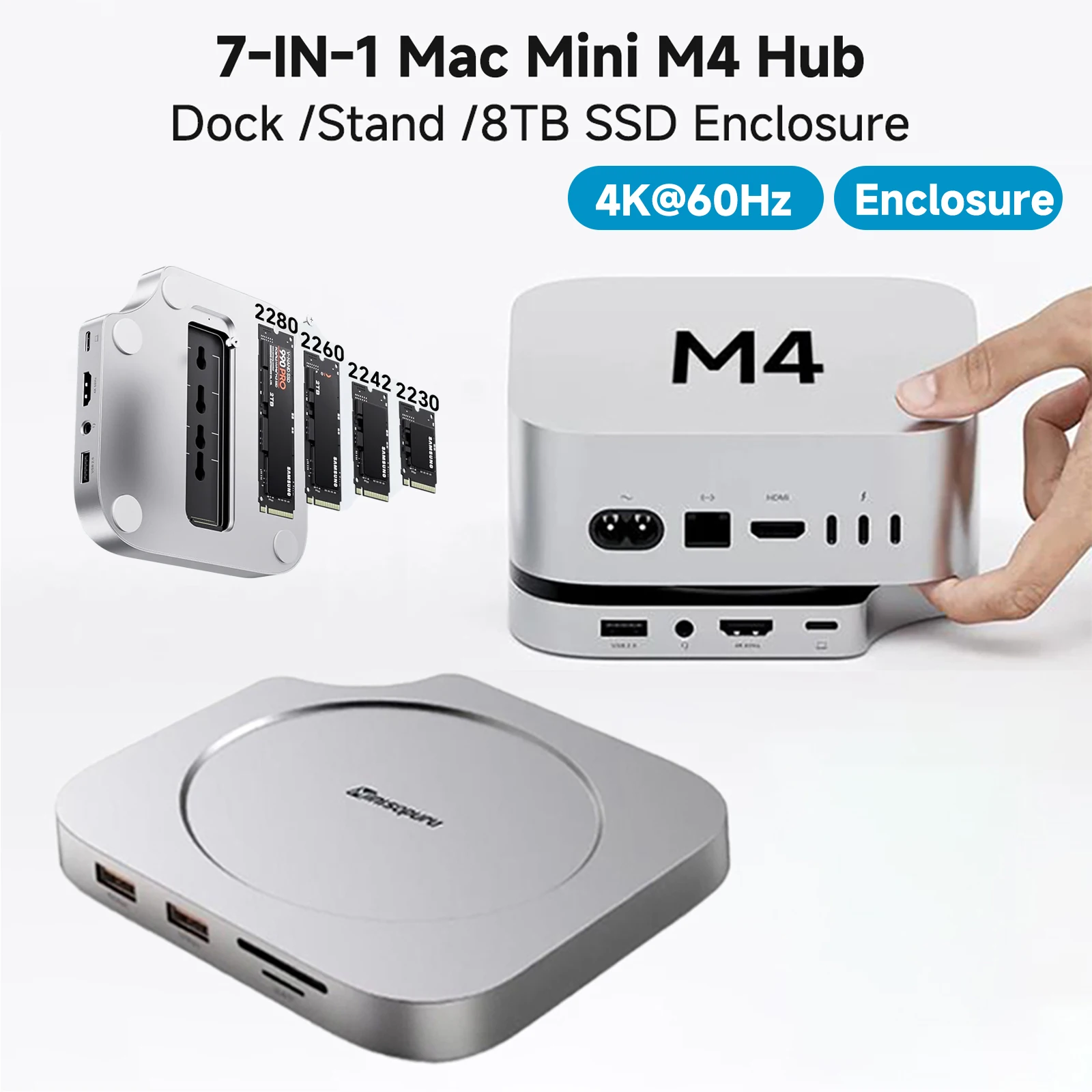 

Mac mini M4 Dock with 8TB M.2 NVMe SSD Enclosure 4K@60 HDMI Prot USB C HUB Mac mini Hub Stand for M4 / M4 Pro