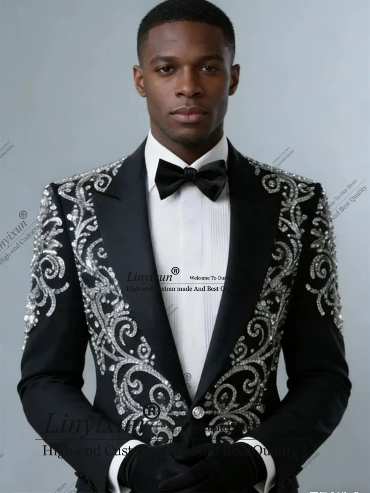 

Embroidered Style Men Suits 2 Pieces Sets Groom Male Blazers Wedding Rhinestones Beaded Ropa Slim Fit Customized Party Tuxedos