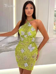VC Lime Green Sequins Butterfly Short Dress Halter Sleeveless Glitter Crystal Shining Mini Bodycon Cocktail Party Evening Outfit