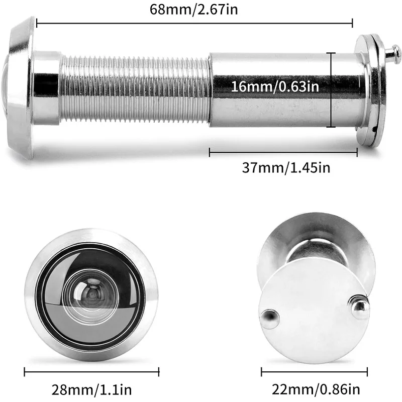 Door viewer, Super Angle Lens, For Indoor and Outdoor Entrance Doors, Dimensions: Diameter 16 mm, Door Thickness: 40-75 mm