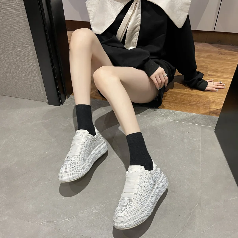 fashion Women Platform Casual Sneakers Rhinestones Thick-soled White Silver Shoes for Women Shining Crystal Sneakers Trend Shoes