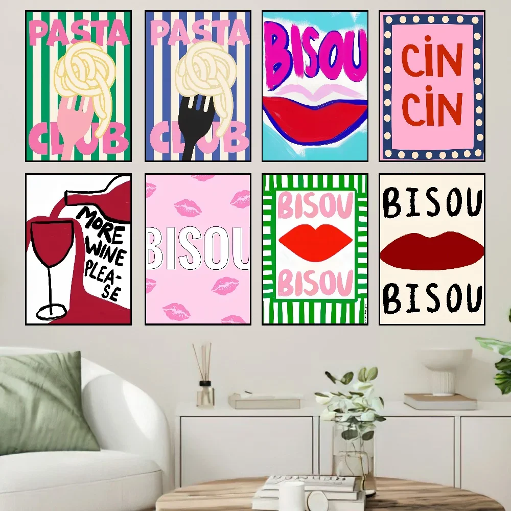 1 STÜCK Maximalistische, eklektische, rosa französische Zitate, Bisou, Bisou, Bonjour, Bonne, Nuit, Wandkunst, Poster, selbstklebende Kunst, wasserfestes Papier