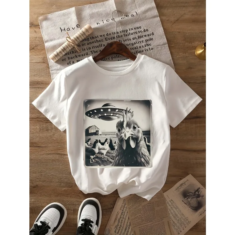 

Funny Chicken Abducted By UFO Pattern T-Shirt Humorous Cartoon Print Short-Sleeve Crew Neck Casual All-Season Women's Y2K Top