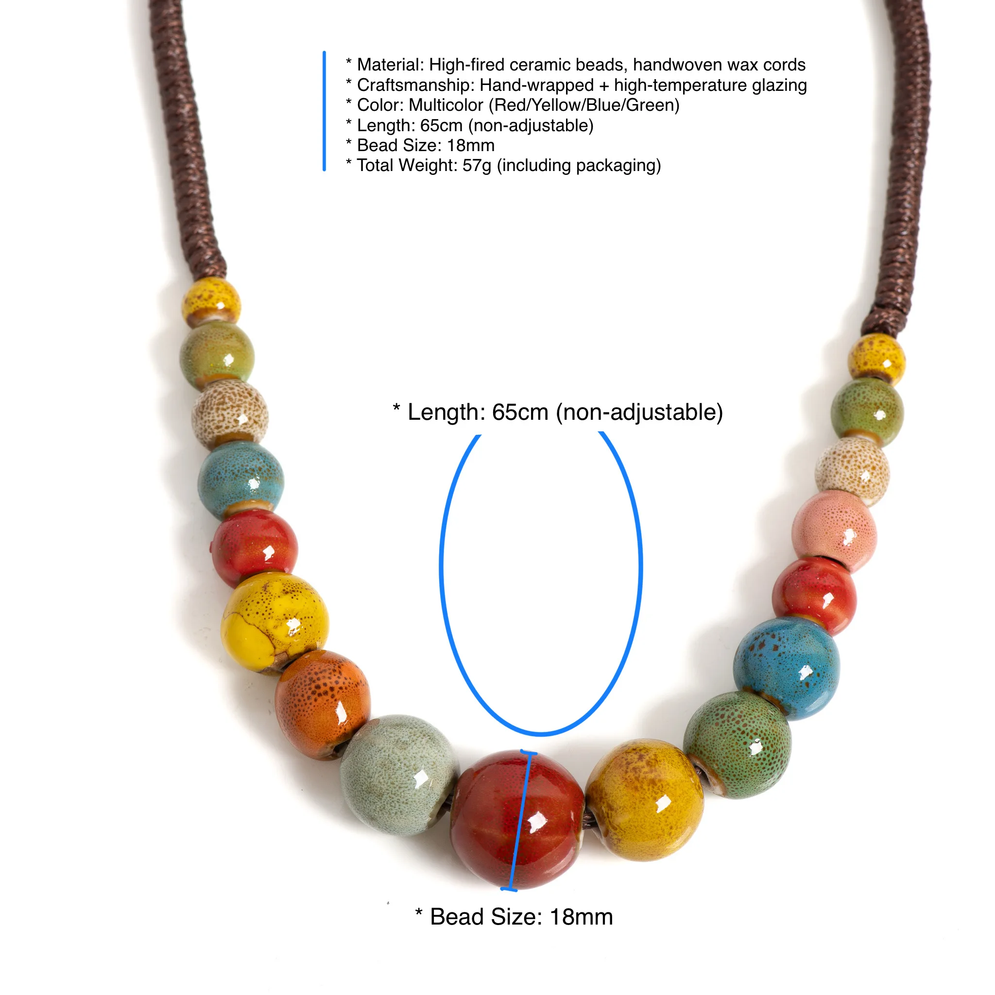 Handmade Multicolor Ceramic Necklace 65cm, Wrapped Wax Cord Jewelry with 18mm Beads for Boho Style 1139