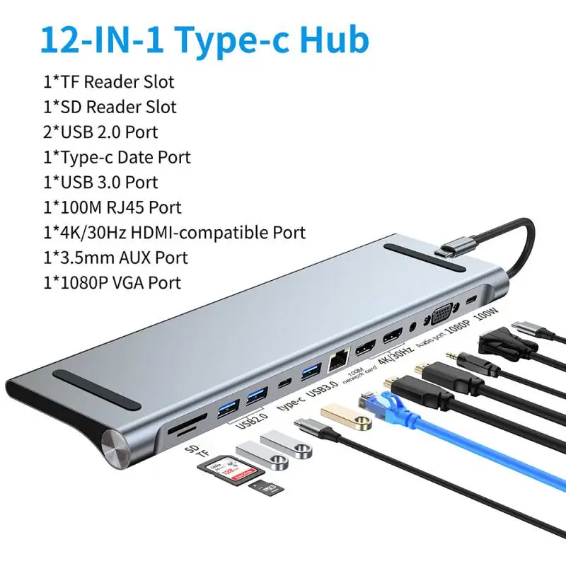 12-in-1 USB Type C Hub With 2 Multiport Adapter Dock Station USB 3.0 4K RJ45 SD/TF VGA PD For Laptop MacBook IPad