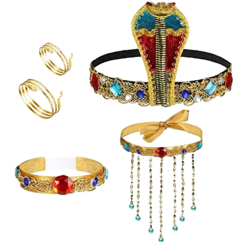 Egyptische kostuumaccessoires Set hoofddeksel armmanchetten kwastjes kralenketting