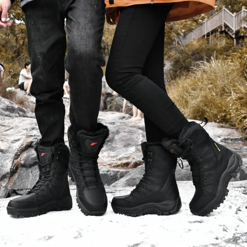 Botas de nieve de piel de felpa cálidas para hombre, botas de cuero impermeables, botas de trabajo antideslizantes para exteriores, botas de combate