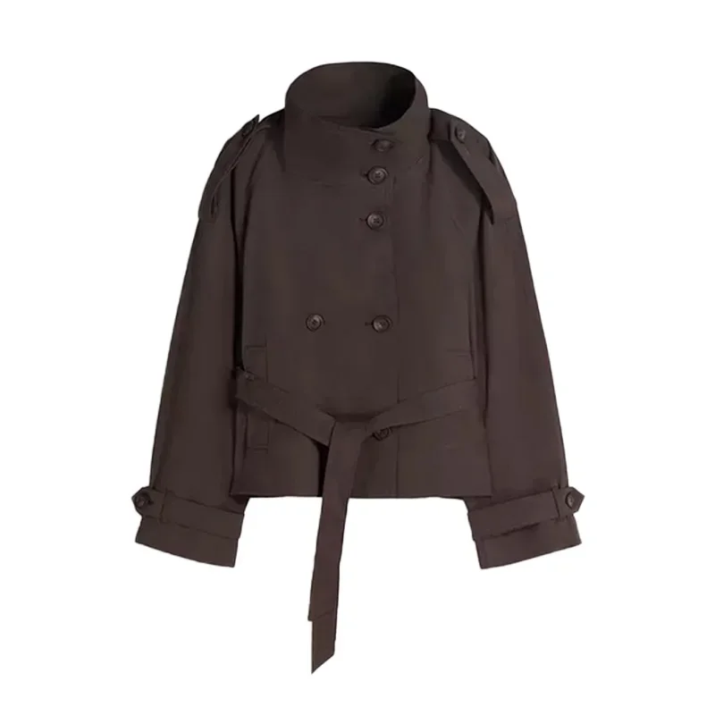 Einfarbiger Damen-Trenchcoat mit Schnürung, Stehkragen, Doppelreihig, Modisch 2026 Frühling Herbst, Elegante Lässige Damenjacke – Detail 5