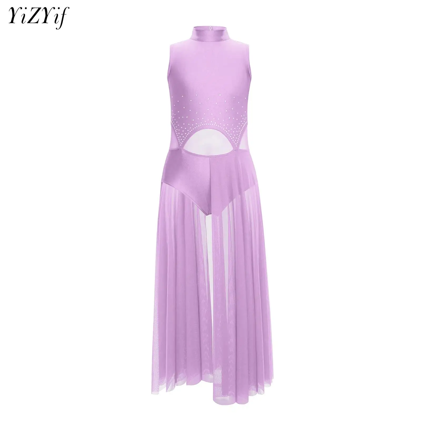 

Girls Ballet Dancewear Sleeveless Lyrical Dance Dresses Stage Performance Costume Shiny Rhinestones Sheer Mesh Maxi Split Dress