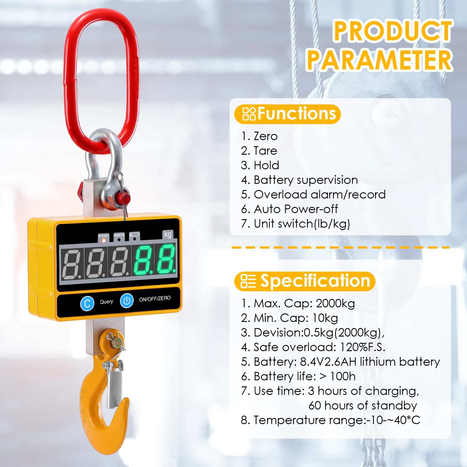 2000kg/4000lbs 2T Aluminum Digital Crane Scale Heavy Duty Compact Hanging Scale OCS-SA Type LED Display with Remote