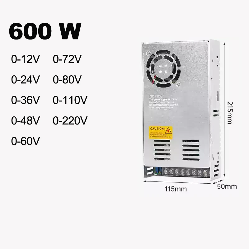 600W Switching Power Supply 0-12V 24V 36V 48V 60V 72V 80V 110V 220V Voltage Adjustable SMPS for LED Motor CCTV 3D Printer