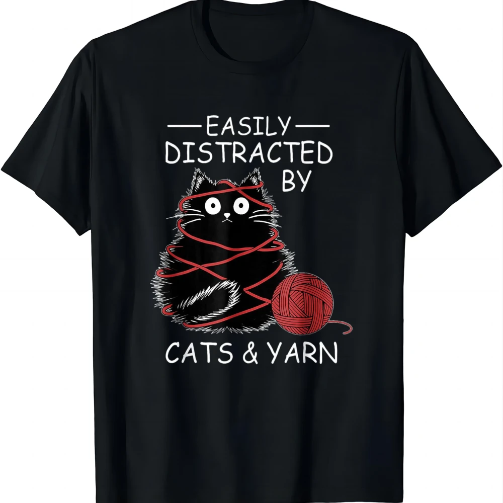 Easily Distracted by Cats and Yarn Kitten Lover Crochet T-Shirt Crew Neck Tee Unisex Tee Men Women High Contrast Monochrome Gift