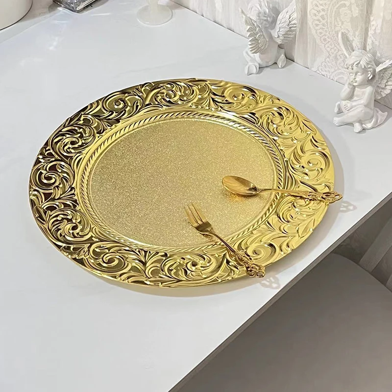 لوحة شاحن ذهبي، طبق خدمة ديكور بلاستيكي، صينية تقديم لحفلات العشاء وحفلات الزفاف وأعياد الميلاد والولائم