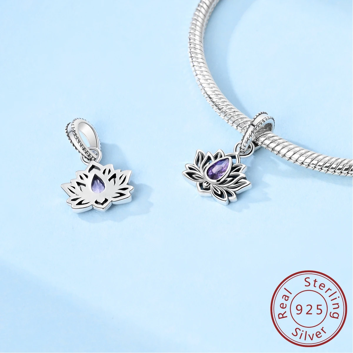 

925 Sterling Silver Purple Gemstone Lotus Flower Pendant Charms Jewellery Fit Original 925 Bracelet Necklace For Women DIY Gift