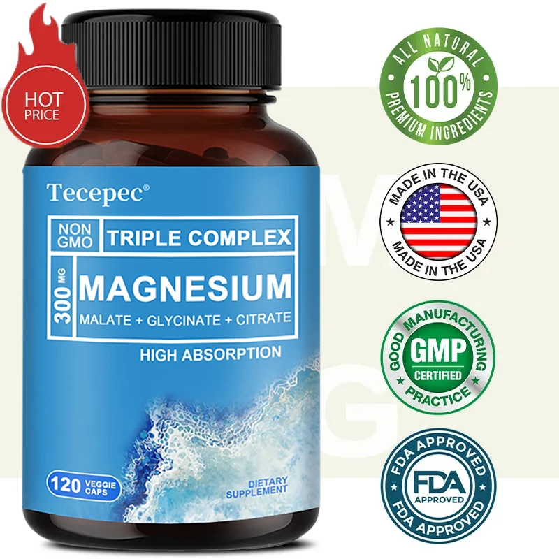 Triple Magnesium Complex, 300 Mg Magnesium Glycinate 120 Capsules Sleep Immunity Muscle & Bone Health - High Absorption