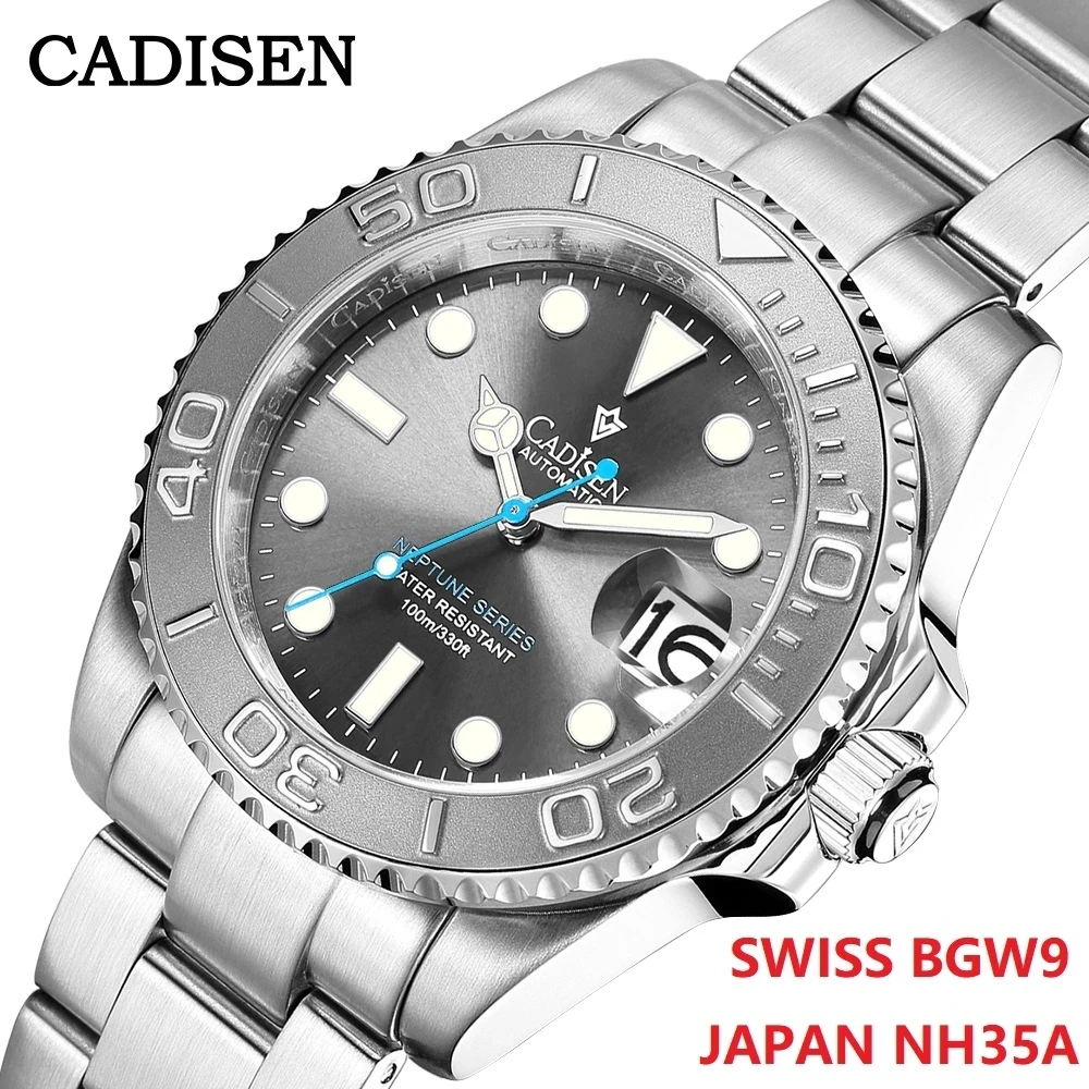 Imagem -02 - Cadisen-relógios Mecânicos Masculinos Sapphire Relógio Automático de Luxo Ice Blue Aço Inoxidável Nh35 Yacht-master Swiss Bgw9 40 mm 100m