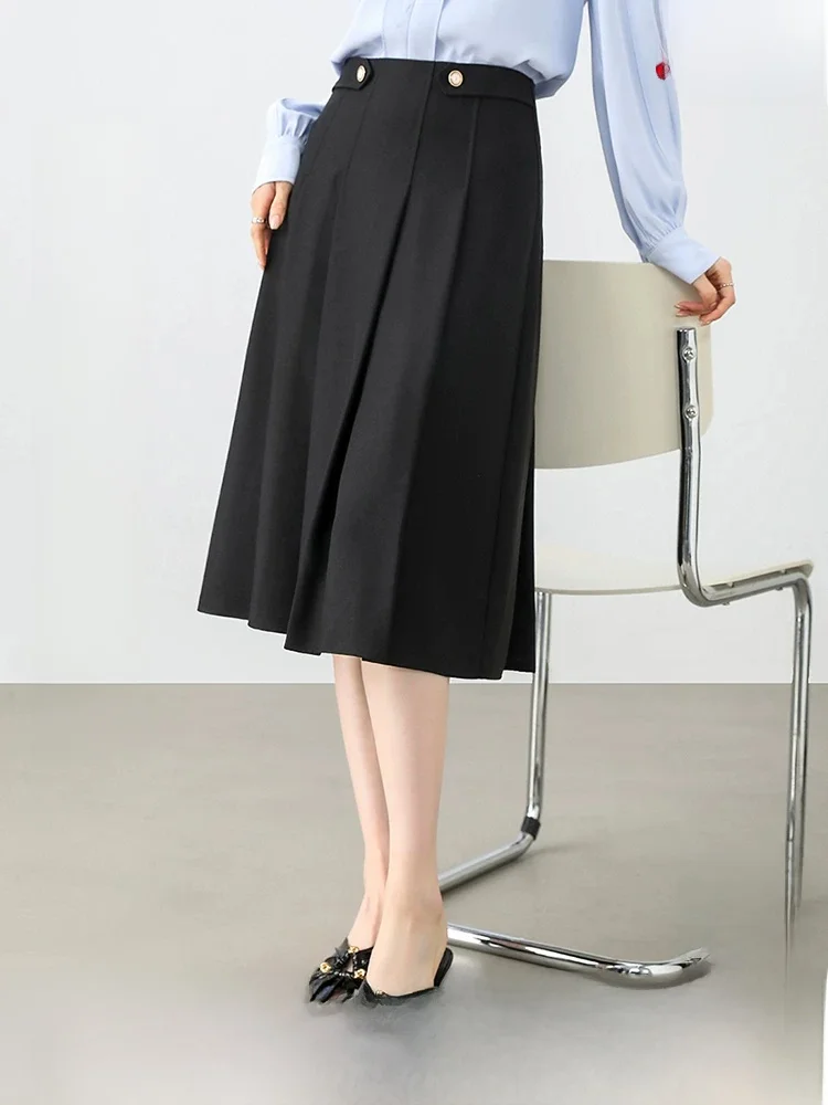 

Spring Commute Heavy Embellished Pleated A-Line Midi Skirt Women's Commuter Style Simple Design City Commute Polyester Fiber
