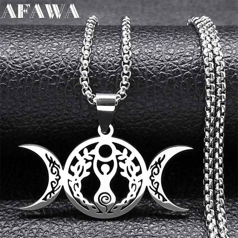 Witch Triple Moon Goddess Luna Necklace for Women Men Stainless Steel Silver Color Amulet Hecate Chain Jewelry collier N9736S02