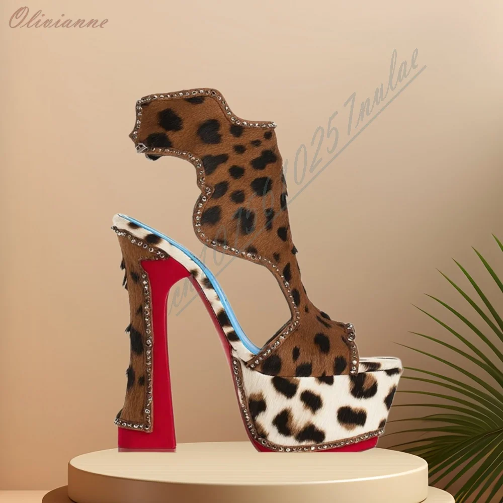 Leopard Print Rhinestone Platform Sandals Women Peep Toe Cutout Ankle Cuff Buckle Strap Chunky Block High Heel Contrast Leopard