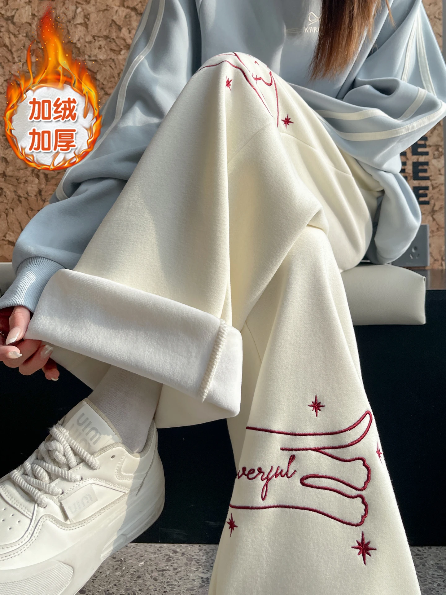 Plush straight pants female autumn winter American style lazy style cartoon cute Plaid stitched wide leg pants