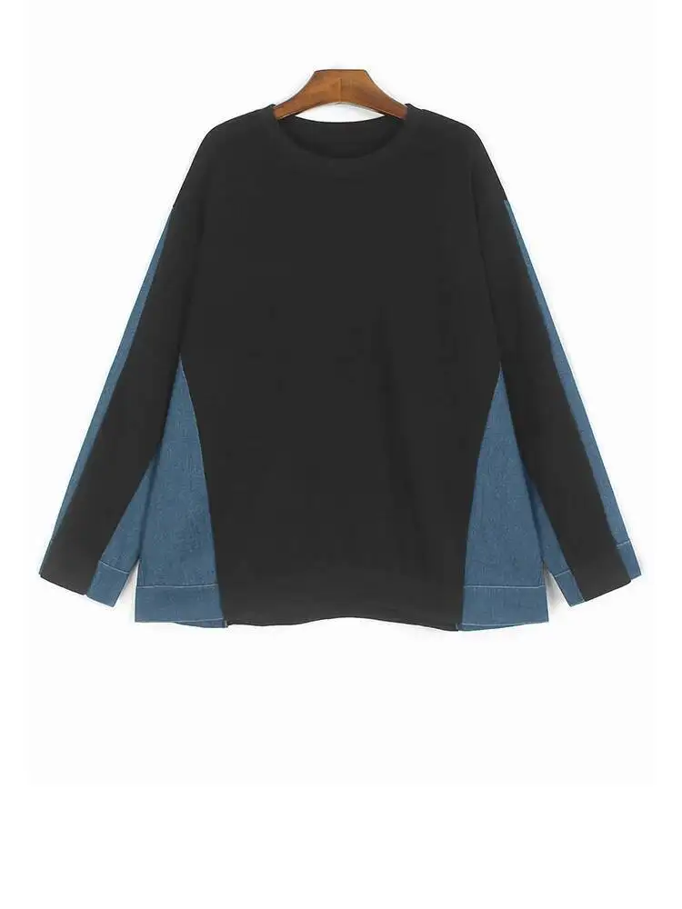 رمادي الدنيم اللون كتلة البلوز جديد جولة الرقبة طويلة الأكمام المرأة كبيرة الحجم أزياء المد ربيع الخريف #3