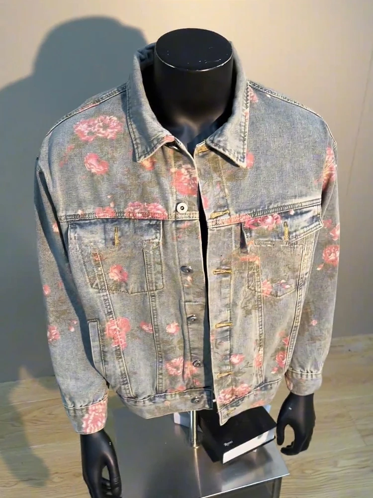 

Cleanfit винтажная джинсовая куртка с цветочным принтом ex осень-зима спецодежда Sle Waed Outlook свободного покроя длинное пальто све