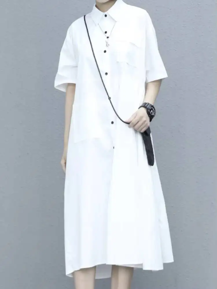 

Ladies Short Sleeve Shirtdress Summer New Pleated Lapel Single Breasted Design Casual Long Medium Size Skirt