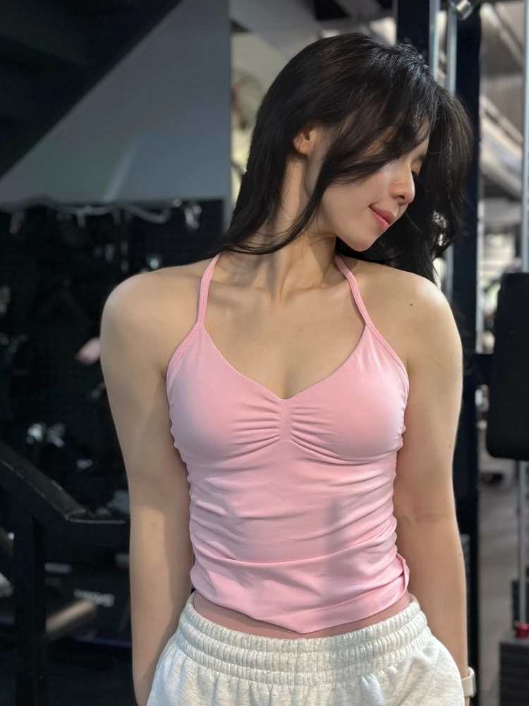 لا شعار سلس الخطوط الطويلة Strappy الصالة الرياضية عارية الذراعين الصالة الرياضية ملابس النساء Scrunch المدمج في الصدرية مع أكواب قابلة للإزالة اليوغا تانك القمم #5