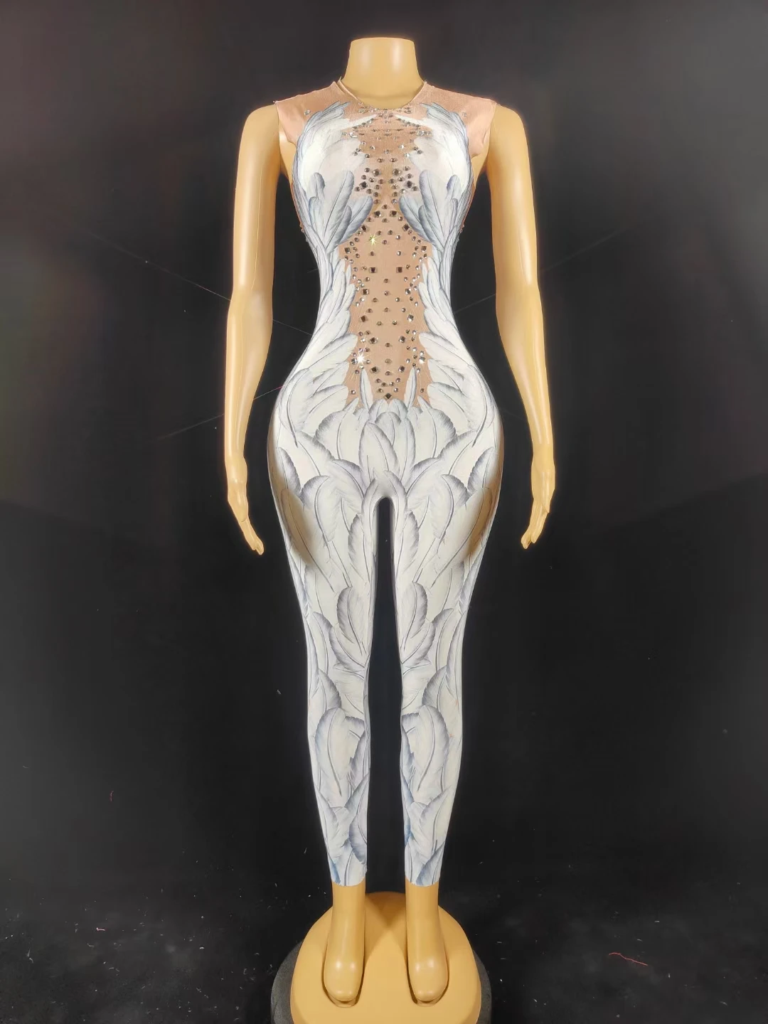 Kristallen Vleugels Engel Jumpsuit Wit Veer 3d Bedrukt Bodysuit Nigthclub Zangeres Dansoutfit Steentjes Podium Rompertjes Tianshi