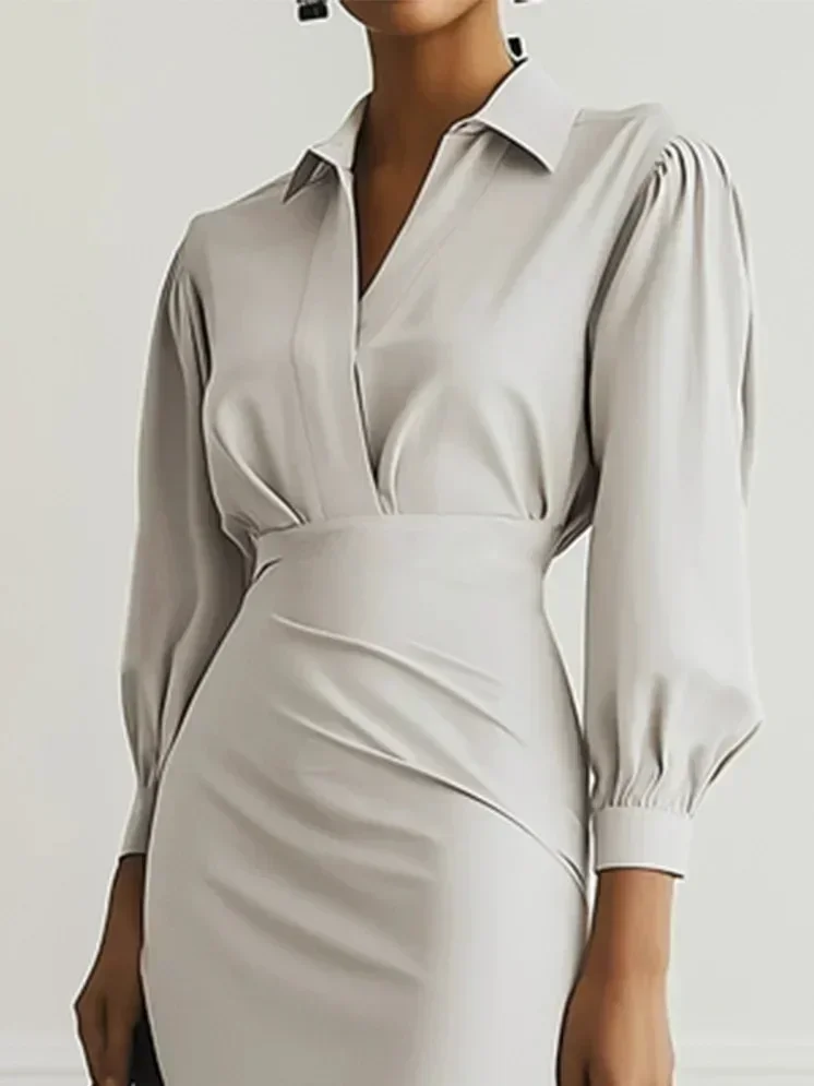 Damen Rüschenkleid mit V-Ausschnitt und Puffärmeln, Midi-Länge, Bleistiftschnitt, geraffte Taille, Schlitz, elegantes Bürokleid – Detail 8