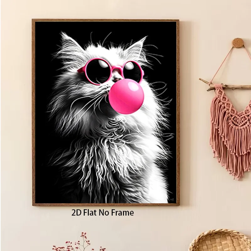 (No frame)2D Flat, 2D Flat, 1pc Fun White Cat Pink Goggle Bubblegum Canvas Wall Art Animal Print, Suitable for Living Room, K