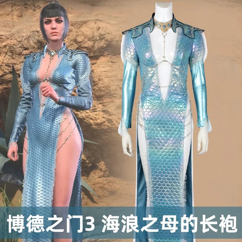 Game BG3 Wavemother's Robe Cosplay Costume Shadowheart Cosplay Sexy Blue Fish Scale Robe For Halloween Carnival Party Fancy