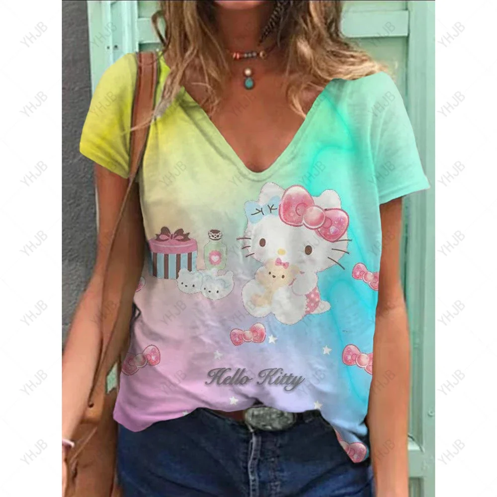 

Hello Kitty printed nurse uniform women's pattern watercolor fashion V-neck clinical uniform short sleeved frosted medical