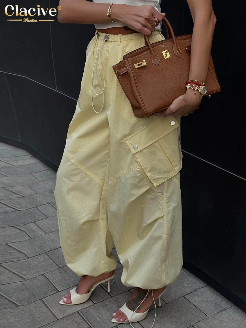 

Clacive Fashion Loose Yellow Cotton Women's Pants Casual High Waist Wide Trousers Elegant Classic Pockets Pants Female Clothing