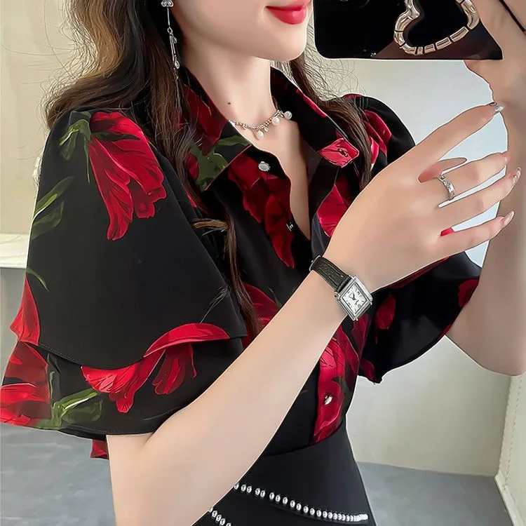 

American New Fashion Women's Printed Casual Trendy Loose Turn-down Collar Short Butterfly Sleeve Shirts Female Clothes Tops