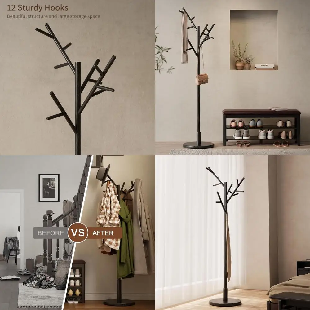 

Напольная вешалка для одежды из массива дерева с 12 крючками и регулируемой высотой для шляп, пальто и сумок - черная