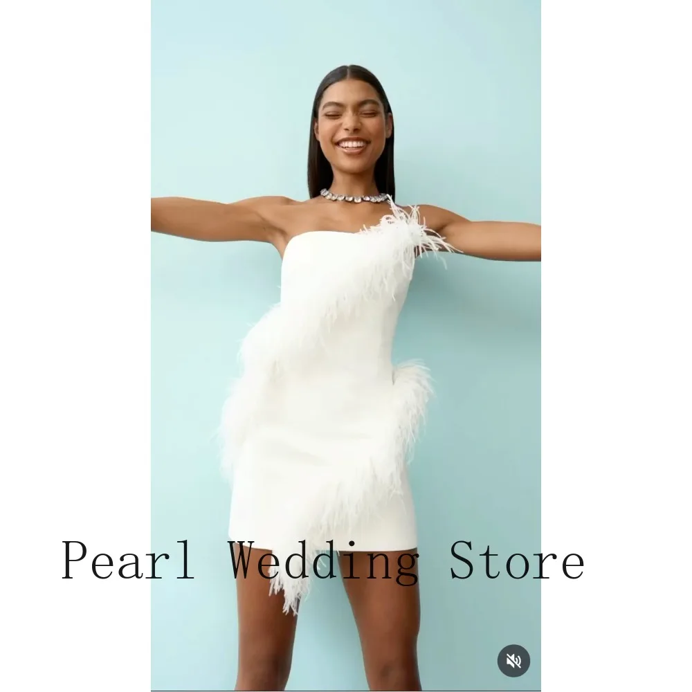 Customized White Strapless Mini Dress Feather Trim Asymmetric Detail Formal Cocktail Party Prom Birthday Club Dress