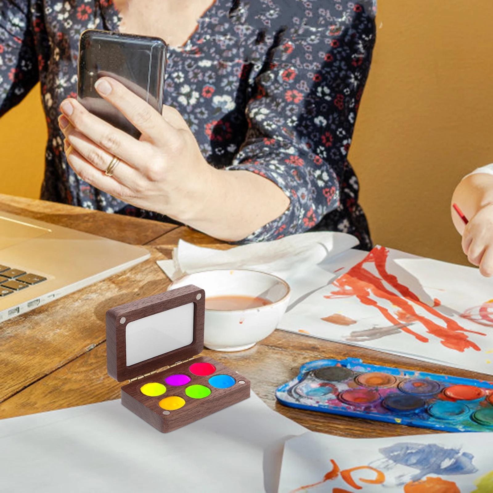 

1pc Mini Watercolor Palette Walnut Wood Paint Box for Travel Kids Artist Portable Set Pallets Mixing Tray Empty Paint Plate
