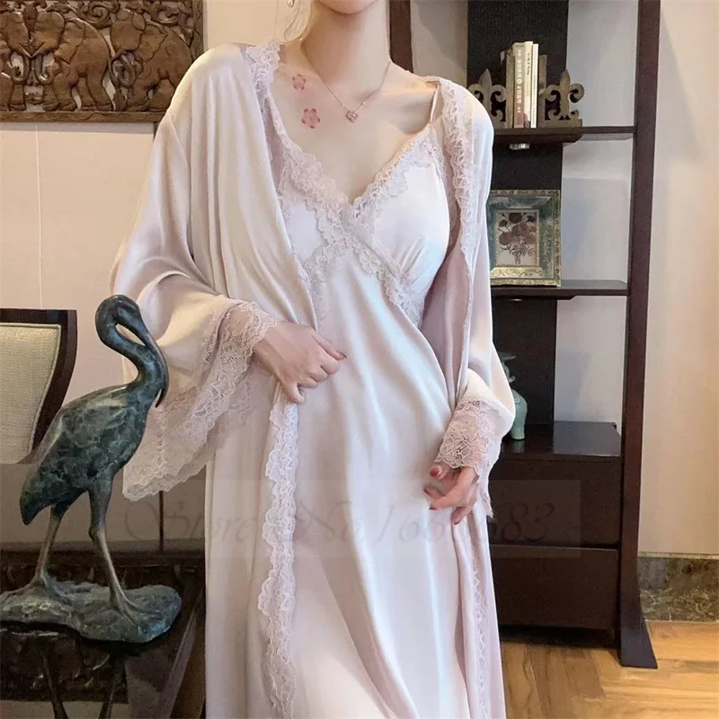 Patchwork Lace Bathrobe Gown Nightgown Sexy Long Wedding Nighty&Robe Set Satin Intimate Lingerie Summer Home Dress Loungewear